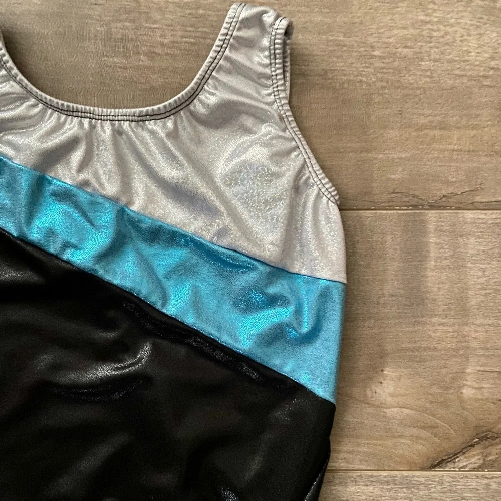 Elite Silver, Blue, and Black Gymnastics Leotard